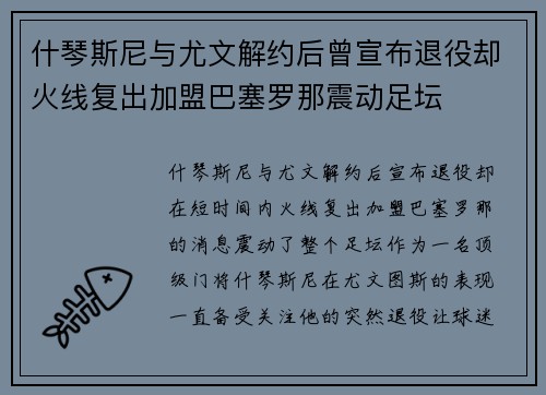 什琴斯尼与尤文解约后曾宣布退役却火线复出加盟巴塞罗那震动足坛 什琴斯尼与尤文解约后曾宣布退役却火线复出加盟巴塞罗那震动足坛
